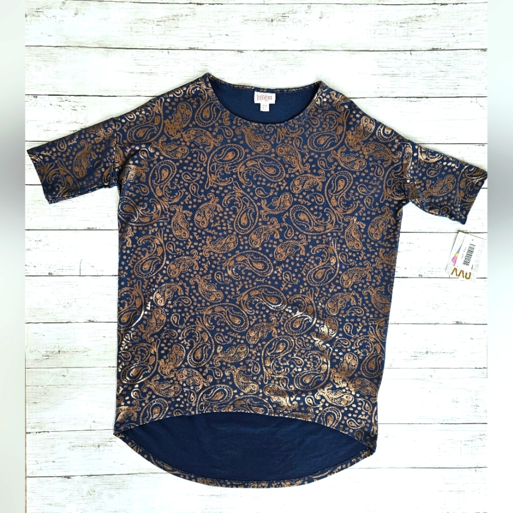 NEW Elegant Lularoe Navy Blue & Gold Shimmer Shiny Irma Paisley Print Stretchy